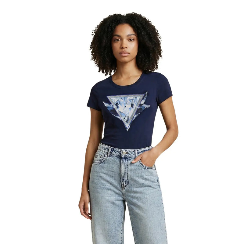 Navy blue cotton short sleeve t shirt for women with round neck and triangular Guess logo graphic print in white and gray