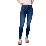 Guess Damen-Jeans aus blauem Denim, Baumwollmischung, schmal geschnitten, hochgeschnitten, dunkelblau mit dezenter Waschung und schmaler Passform