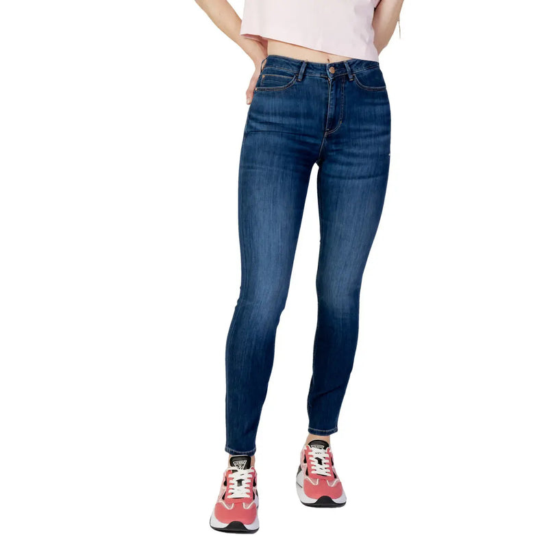 Guess Damen-Jeans aus blauem Denim, Baumwollmischung, schmal geschnitten, hochgeschnitten, dunkelblau mit dezenter Waschung und schmaler Passform