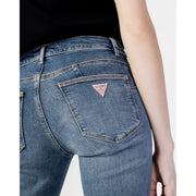 Back side of guess women blue plain denim jeans featuring a classic pocket with a pink triangular logo patch
