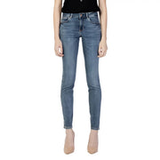 Guess women blue high waisted slim fit denim jeans with five pocket design and subtle fading from fall winter collection