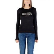 Schwarzes Langarmshirt guess Strickpullover mit blauem Strasslogo, hergestellt 1981, Viskosemischgewebe