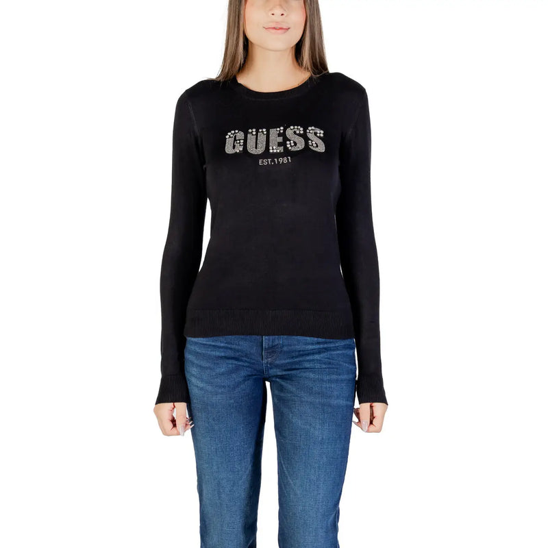 Schwarzes Langarmshirt guess Strickpullover mit blauem Strasslogo, hergestellt 1981, Viskosemischgewebe