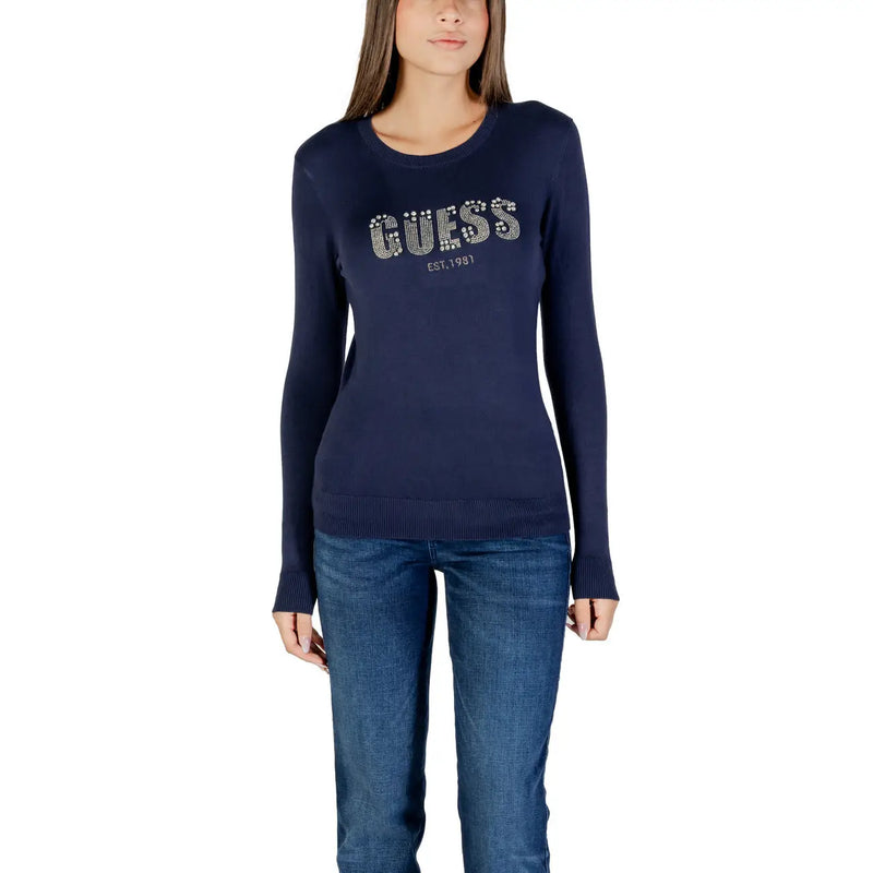 Marineblaues Langarmshirt Guess Damen-Strassstrickpullover aus Viskosemischung mit Logo-Verzierung auf der Brust