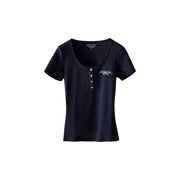 Navy blue ribbed cotton Guess women Serafino short-sleeve T-shirt with gold-tone buttons and white embroidered branding