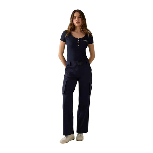 Guess women blue Serafino button round neck t shirt paired with matching navy blue short-sleeved cargo pants set