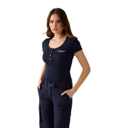 Guess women blue serafino button round neck t shirt navy ribbed short sleeve henley top with silver buttons and logo