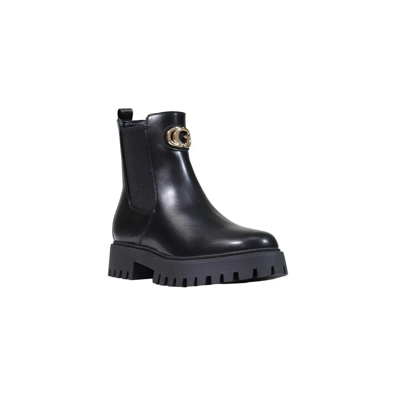 Guess women black polyurethane leather chelsea boot with gold-tone g logo buckle and chunky textured sole