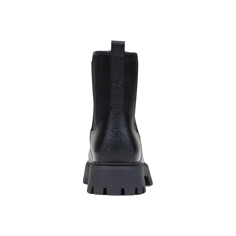 Black leather Guess women chelsea boot with chunky rubber sole and embossed logo detailing in FIDA style