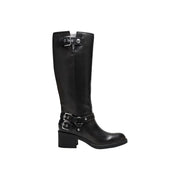 Guess women black leather knee-high boot with silver buckle straps and low block heel for winter footwear