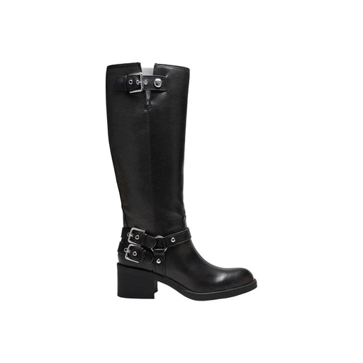 Guess Schwarzer Damen-Kniestiefel aus Leder mit silbernen Schnallenriemen und niedrigem Blockabsatz für den Winter