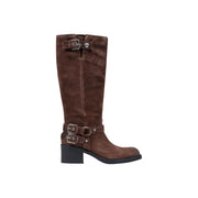 Guess women knee-high brown suede boots with silver buckle straps and black block heel for winter footwear