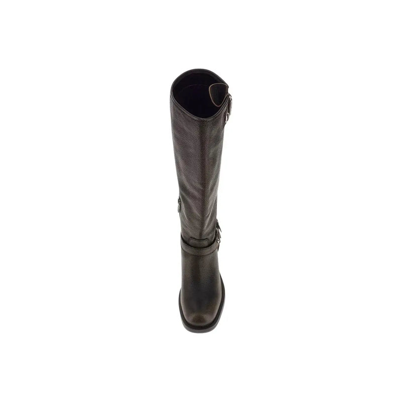 Guess women boots black polyurethane winter footwear dark brown leather knee-high boot with textured surface and silver buckles