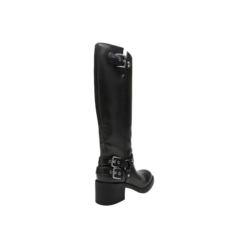 Guess women boots black polyurethane knee-high winter footwear with silver buckle straps and block heel