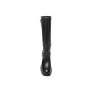 Guess women black knee-high boots with square toe buckle detail made of polyurethane for winter footwear