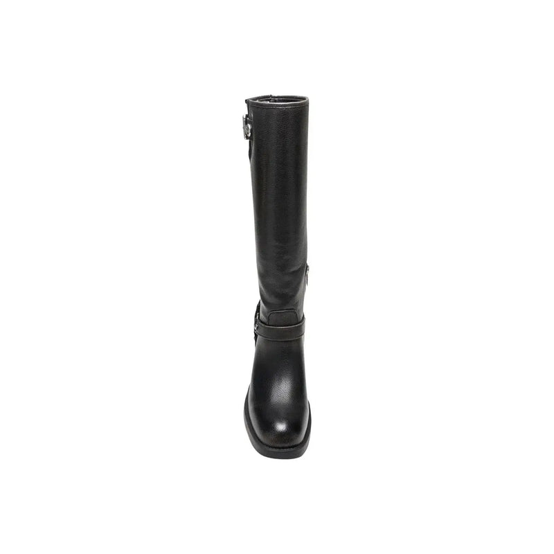 Guess women black knee-high boots with square toe buckle detail made of polyurethane for winter footwear