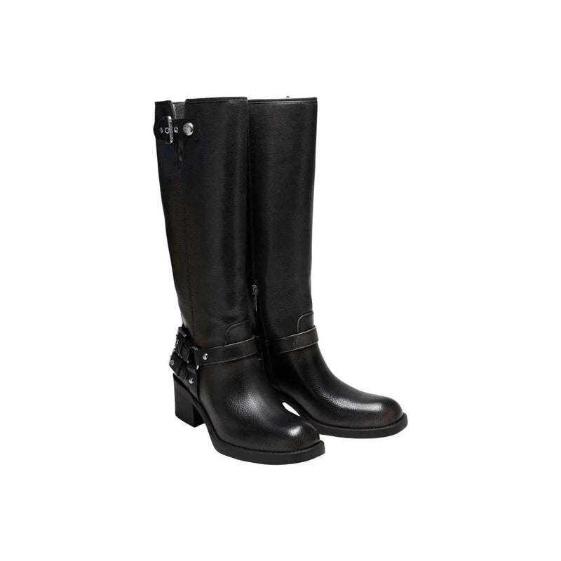 Guess women black knee-high boots made of polyurethane with block heels and silver buckle accents for winter wear
