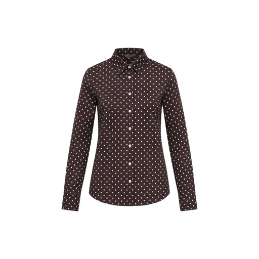Guess Damenbluse aus braunem Polyester mit klassischen langen Ärmeln und weißen Punkten auf dunkelbraunem Stoff
