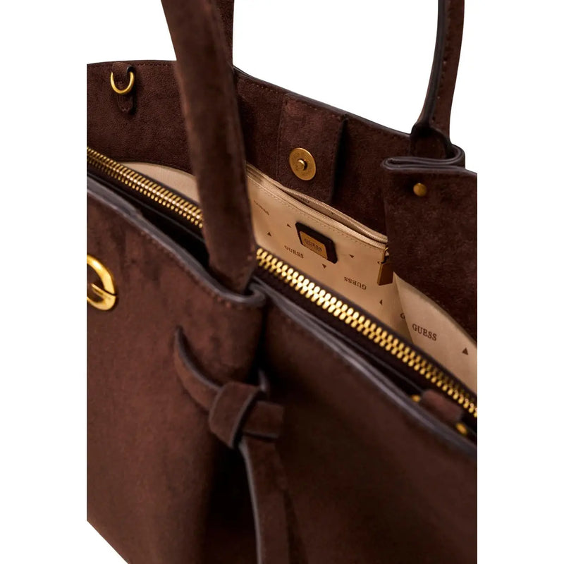 Guess Braune Damen-Satteltasche aus Polyester mit braunen Wildlederdetails, goldfarbenen Beschlägen und gefüttertem Innenraum mit Reißverschluss