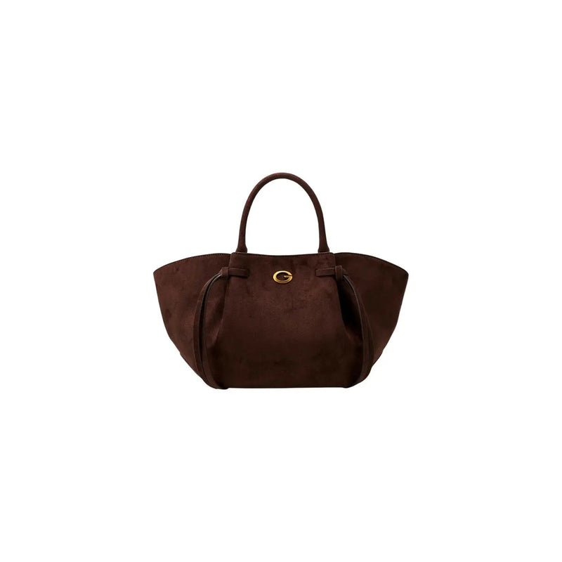 Guess Braune Wildleder-Tragetasche für Damen mit goldfarbenem, rundem Logoverschluss, Polyester-Satteltasche, B 15 x H 27 x L 15 cm