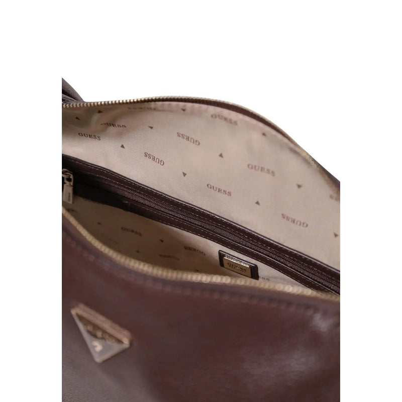 Guess women brown polyurethane crossbody bag with beige interior featuring the brand’s repeating logo pattern