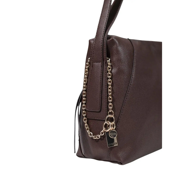 Guess women brown polyurethane handbag with gold-tone chain strap and branded metal tag measuring 43x23x12 cm