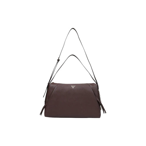 Guess Braune Damen-Schultertasche aus Polyurethan mit schwarzem Riemen und metallischem Dreieckslogo, 43 x 23 x 12 cm
