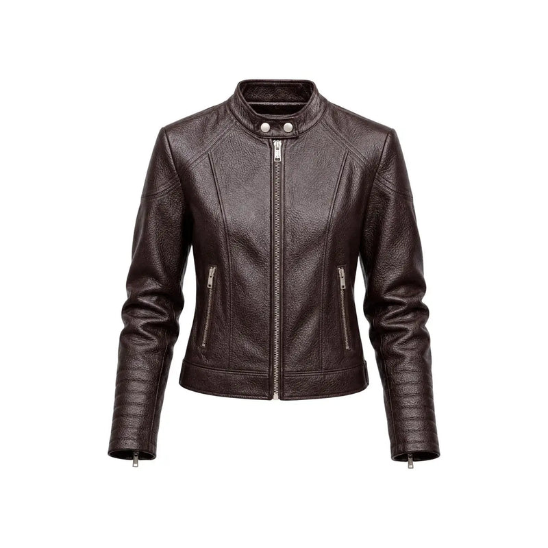 Guess Braune Damen-Motorradjacke aus Polyurethan mit Stehkragen, Frontreißverschluss und zwei Seitentaschen