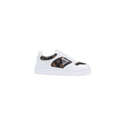 White Guess women lace up sneaker with black and gold patterned accents and chunky white sole in polyurethane material