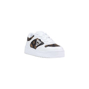 Guess women brown polyurethane lace up sneakers with white platform and black and gold patterned accents