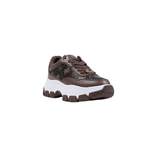 Guess Braune Damen-Sneaker aus Polyurethan mit klobiger Plateausohle, schwarzen Akzenten und goldenem Logo – perfekt für den Herbst.