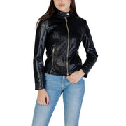Guess Damenblazer aus braunem Polyurethan mit Reißverschluss und schwarzer Kunstleder-Motorradfront