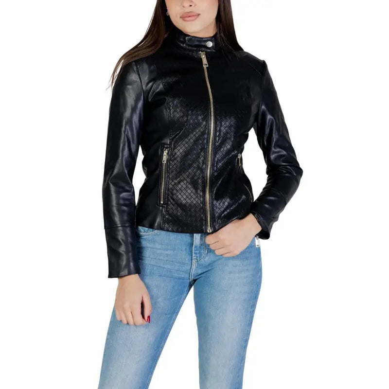 Guess Damenblazer aus braunem Polyurethan mit Reißverschluss und schwarzer Kunstleder-Motorradfront
