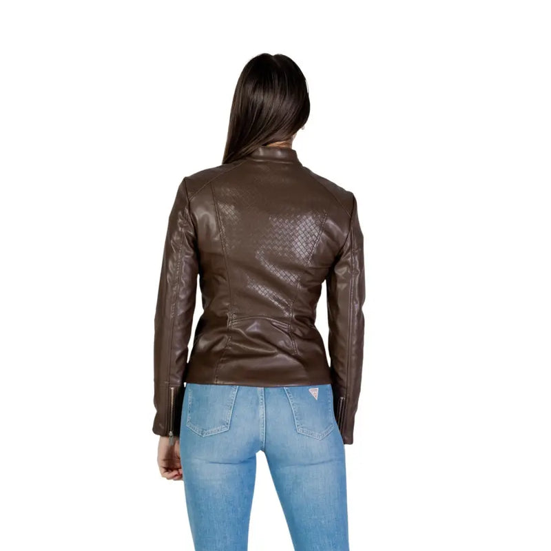 Back side of guess women brown polyurethane moto jacket with subtle diamond patterned texture on the back