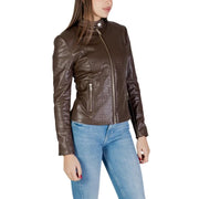 Guess women brown polyurethane zip blazer with quilted diamond pattern and gold-tone zippers on front panel