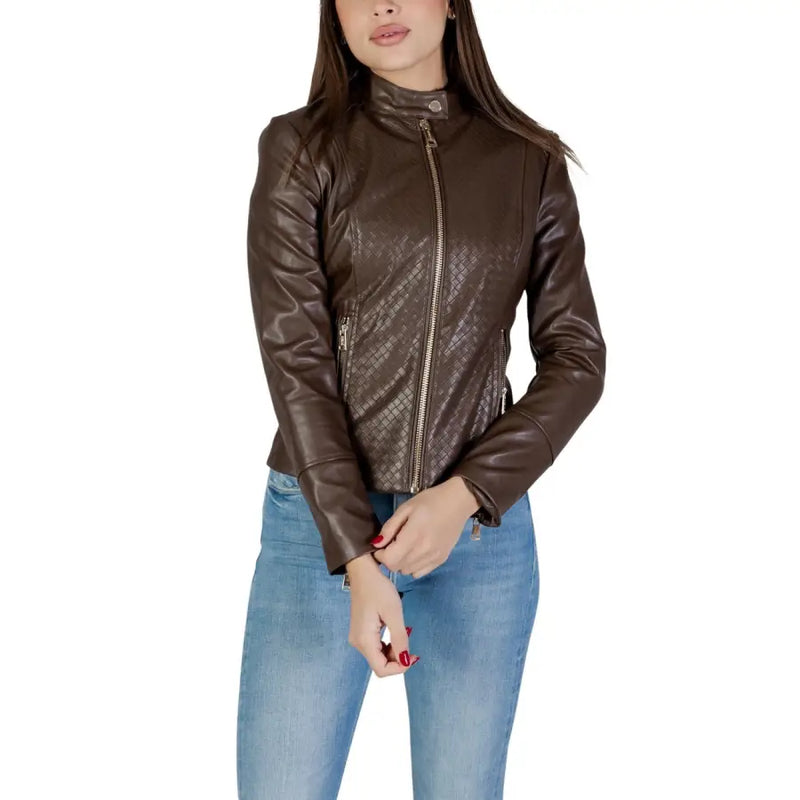 Guess women brown polyurethane zip blazer with quilted diamond pattern and gold-tone zippers in a moto jacket style
