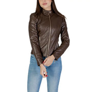 Guess Brauner Damen-Lederblazer im Biker-Stil mit gestepptem Rautenmuster und goldenen Reißverschlüssen