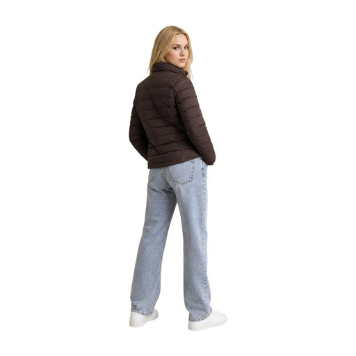 Guess Braune, gesteppte Damen-Polyester-Daunenjacke mit hohem Kragen und Rollkragen