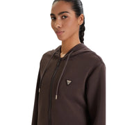 Guess women brown zip sweatshirt modal blend with zip-up front triangular logo patch and matching drawstrings