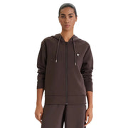 Guess women brown zip sweatshirt modal blend with a dark brown zip-up hoodie featuring a subtle triangular logo and matching drawstrings