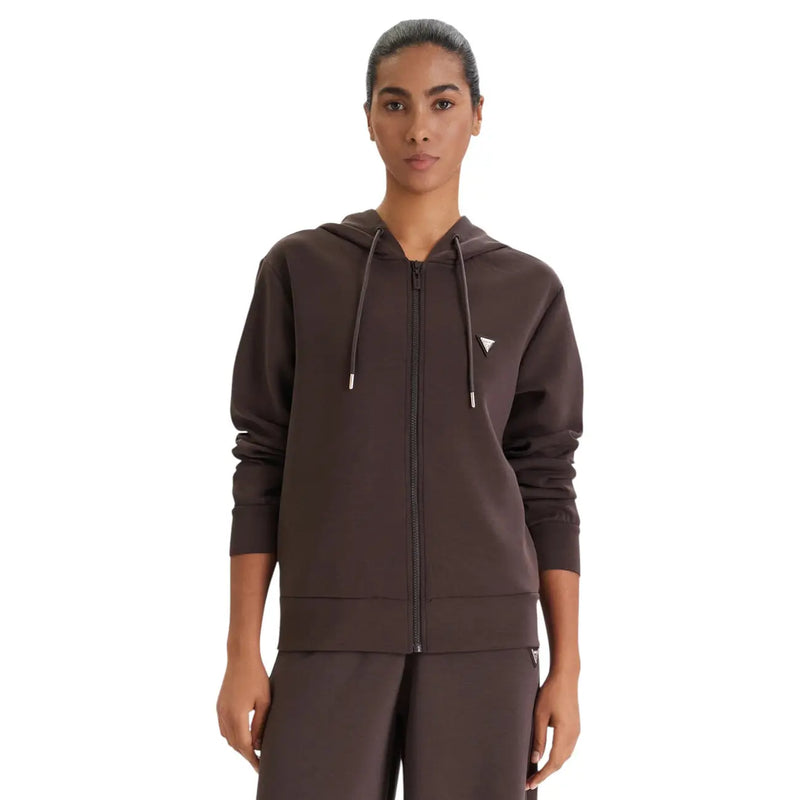 Guess women brown zip sweatshirt modal blend with a dark brown zip-up hoodie featuring a subtle triangular logo and matching drawstrings