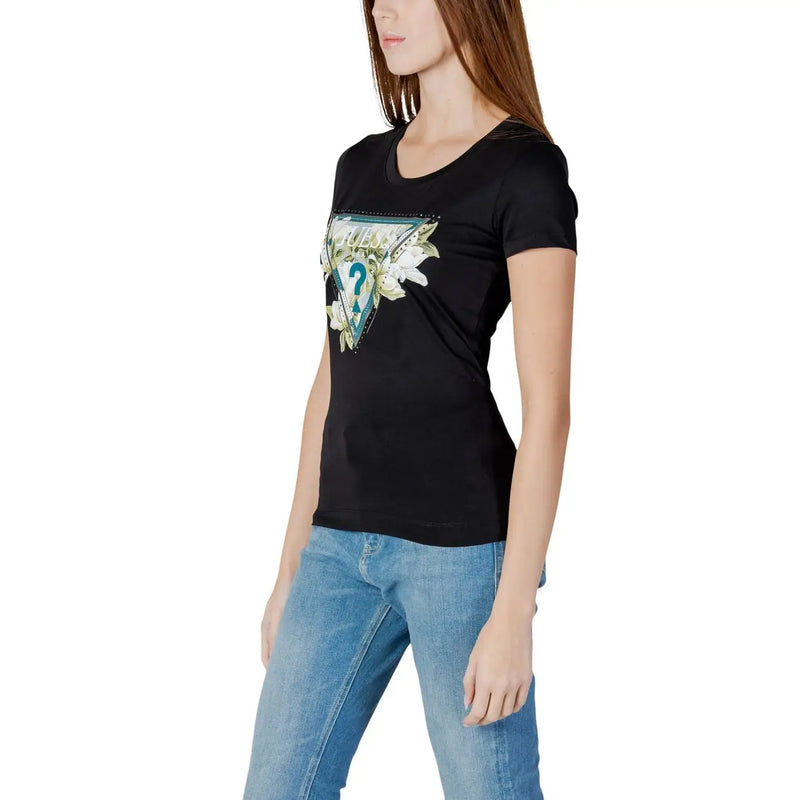 Black Guess women cotton rhinestone logo t shirt with round neck and floral triangular graphic with teal white silver accents
