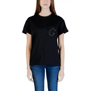 Black short-sleeved Guess women cotton t shirt with glittering g logo on chest pocket and round neck design