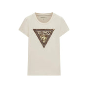 Cream-colored Guess women cotton t shirt with triangular sequined Guess USA logo and question mark design front