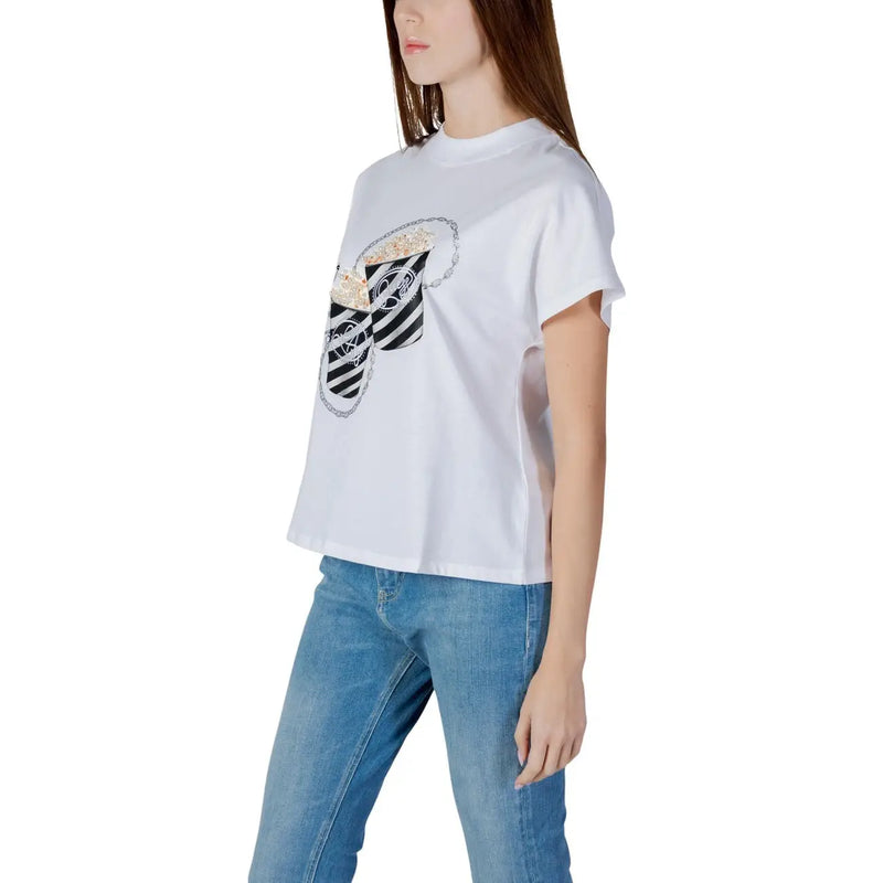 Guess women cotton t shirt white with bold black and gold striped graphic and silver rhinestone embellishments