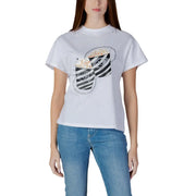 Guess women cotton t shirt white featuring bold striped popcorn buckets graphic with silver chain rhinestone detailing