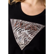 Black Guess women cotton t shirt with large zebra-striped triangle graphic, metallic silver and rose gold lettering, logo