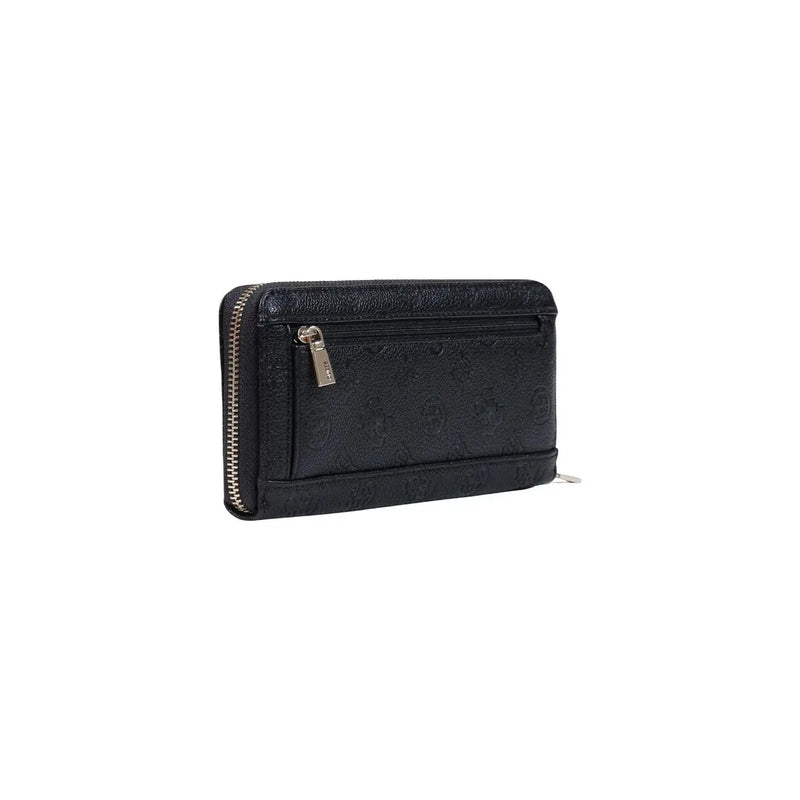Guess Große schwarze Damen-Geldbörse „Diana“ aus Polyurethan mit Reißverschluss, geprägtem Monogrammmuster und silberfarbenen Reißverschlussbeschlägen