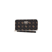 Schwarz guess Emelie Damen-Geldbörse mit goldfarbenem Logo-Muster, braunem Reißverschlussfach und passendem Handgelenkriemen (22 cm breit).