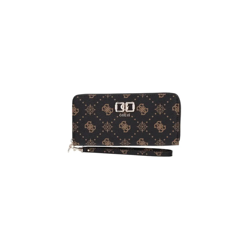 Schwarz guess Emelie Damen-Geldbörse mit goldfarbenem Logo-Muster, braunem Reißverschlussfach und passendem Handgelenkriemen (22 cm breit).